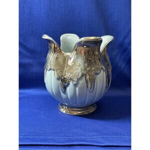 Vintage Savory Four Petal Ceramic Vase Green and 24K Gold